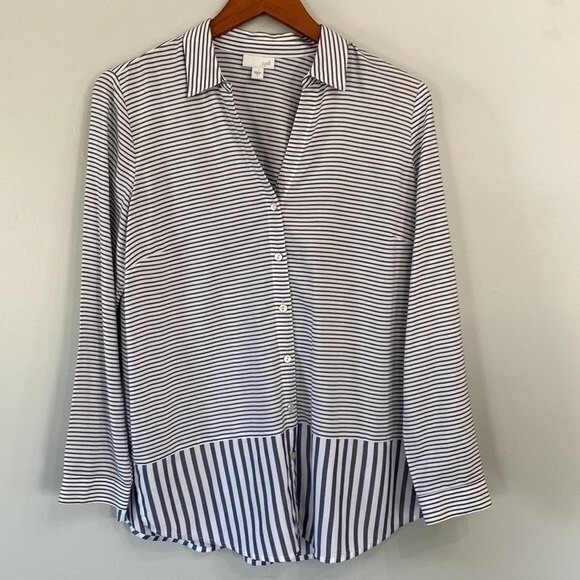 J Jill Stripe Button Front Peplum Tunic Top Blouse Oversized V-Neck Long Sleeve - Picture 6 of 13